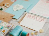 a whimsical wedding invitation suite with colorful parts and envelopes, with an embroidered RSVP is a cool and bright idea