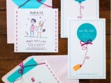 a fun modern wedding invitation suite with cool bright prints and bold stitching is a lovely idea for a modern couple