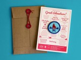 an adventure-inspired wedding invitation suite with a kraft paper envelope, a bold invitation with colorful embroidery