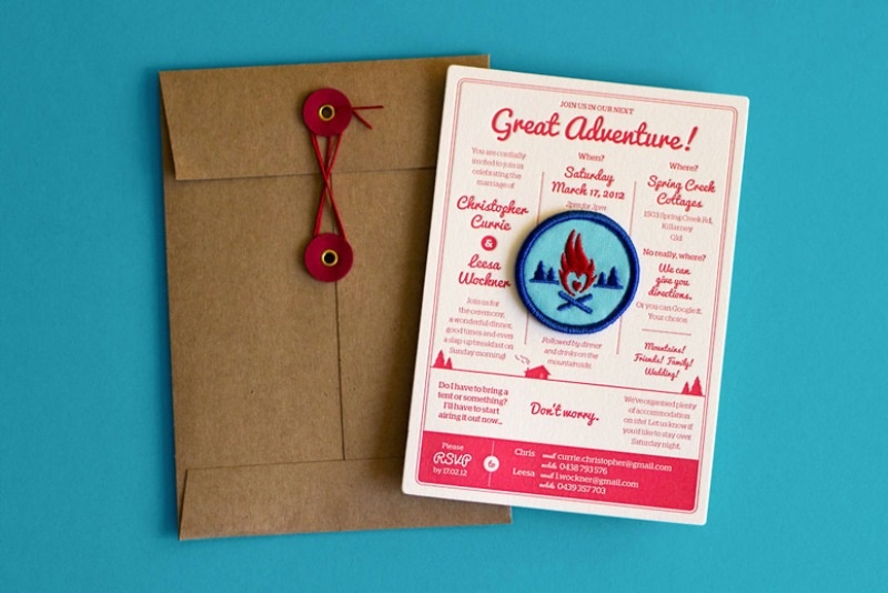 an adventure inspired wedding invitation suite with a kraft paper envelope, a bold invitation with colorful embroidery