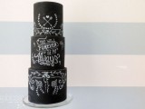 a black chalkboard wedding cake with chalking that makes it more perosnalized and special is a lovely idea for a rustic or laid-back wedding