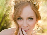 a gorgeous and shiny gold flower and leaf crown with rhinestones is a lovely solution for a summer or fall bride, such a crown won’t wither