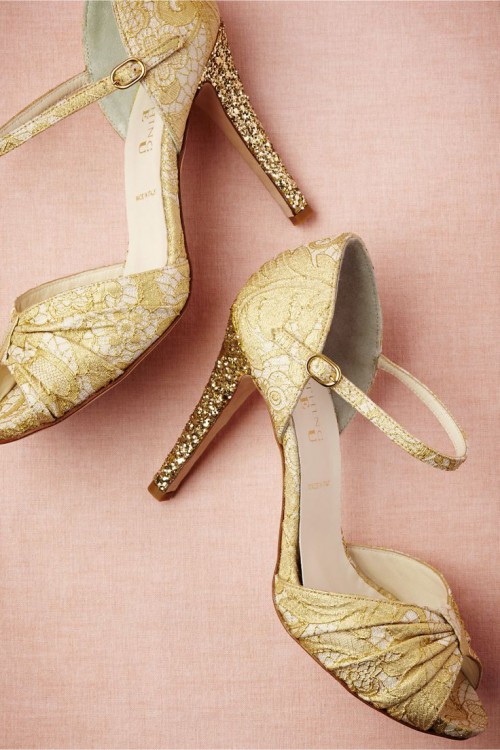 gold leace peep toe wedding shoes with ankle straps, bow tops and a vintage design will beautifully add interest to your bridal look making it special