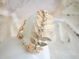 a beautiful gold leaf bridal tiara with rhinestones and beads will be a gorgeous headpiece for a refined and chic bridal look