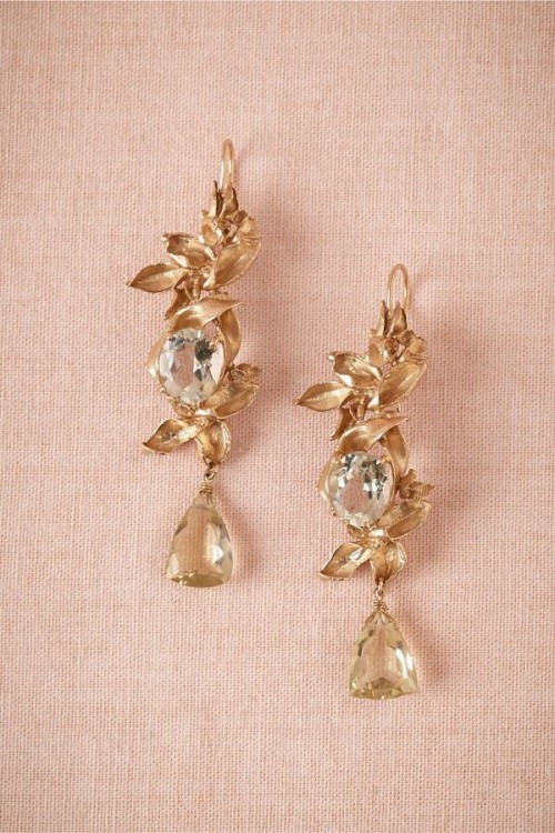 gold floral and botanical statement earrings with clear and yellow drop crystals are amazing as wedding accessories, to add a refined and chic touch to the look