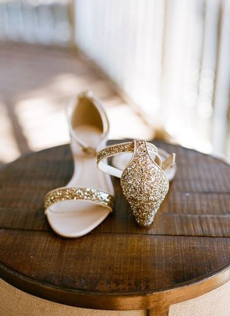 fantastic gold glitter ankle strap wedding shoes with kitten heels are amazing for a shiny touch in your bridal look