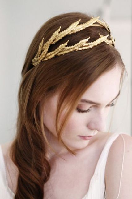 a woven gold leaf wedding crown like this one will add a soft refined touch to your look and will make your outfit perfect
