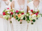 mismatching neutral bridesmaid dresses with lace inserts are amazing for any wedding with a touch of vintage chic