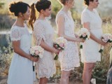 mismatching white lace over the knee bridesmaid dresses with nude and silver shoes are amazing for rocking them in spring and summer
