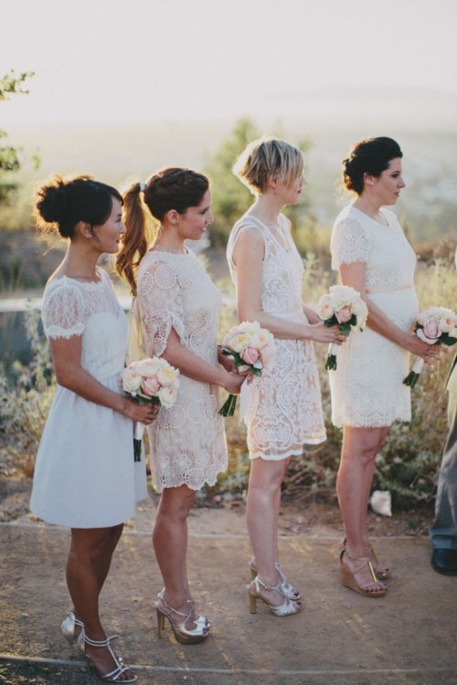 mismatching white lace over the knee bridesmaid dresses with nude and silver shoes are amazing for rocking them in spring and summer