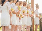 matching white lace over the knee bridesmaid dresses with cutout backs and colorful shoes are amazing for a spring or summer wedding