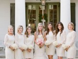 matching white lace knee bridesmaid dresses with long sleeves are great for spring and summer weddings with a vintage feel