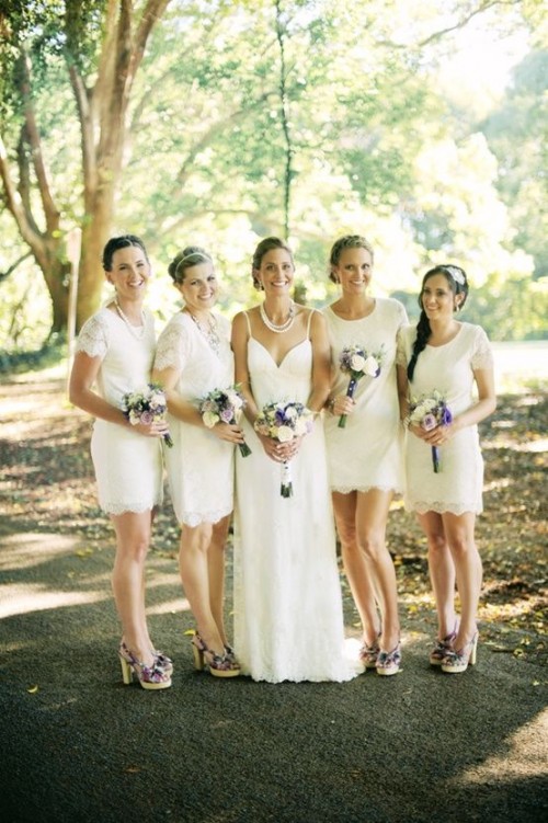 plain and lace over the knee white bridesmaid dresses with short sleeves are amazing for vintage wedding in neutrals