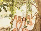 white mini halter neckline bridesmaid dresses are a very cool and lovely idea for a modern spring or summer wedding