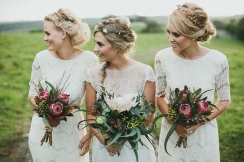 mismatching white bridesmaid dresses are great for spring or summer wedding, they will be nice for a boho or rustic wedding