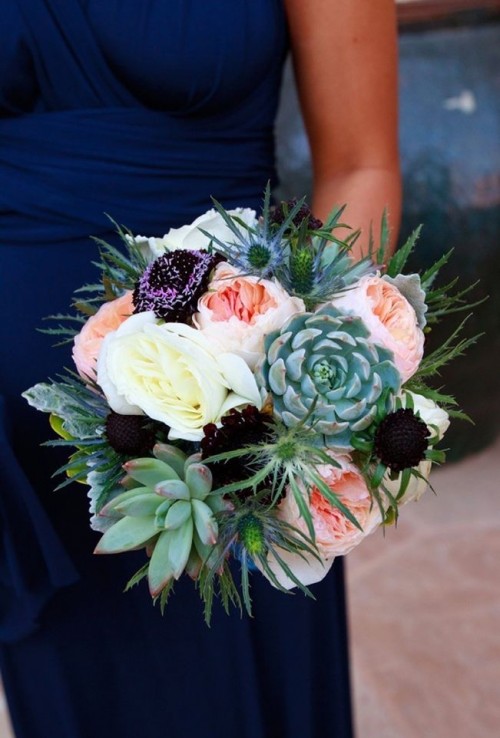a catchy wedding bouquet of white and pink peonies, dark blooms and succulents is a lovely idea for a wedding with a neutral color palette