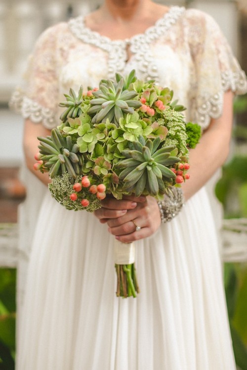 a bright spring or summer wedding bouquet of green hydrangeas, succulents, blooming fillers and berries is a fresh and cool solution that is easy to make
