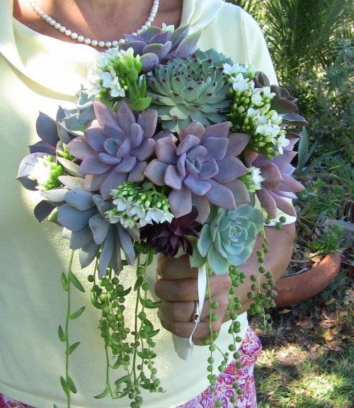 a wedding bouquet of green and dark succulents plus cascading touches is a cool idea for any wedding