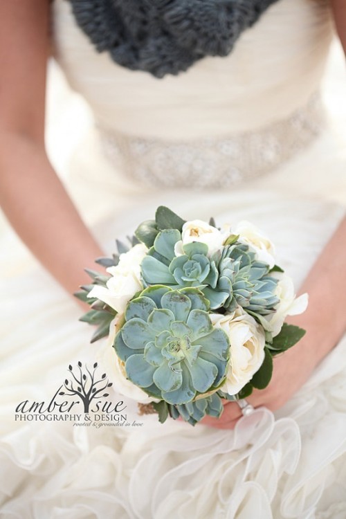 a rustic small wedding bouquet of succulents and white peonies is a lovely idea for a winter wedding