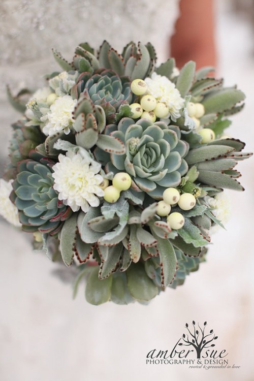 a stylish wedding bouquet with white blooms, berries and succulents, foliage is a chic and fresh idea for a modern bride