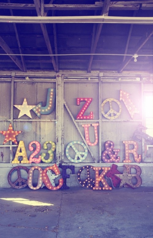 colorful marquee letters and numbers plus signs will be a nice idea to style many wedding venues, from vintage to ultra-modern ones