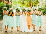 matching mint dresses for everyone and a marigold one for the maid of honor to brighten up your summer color palette