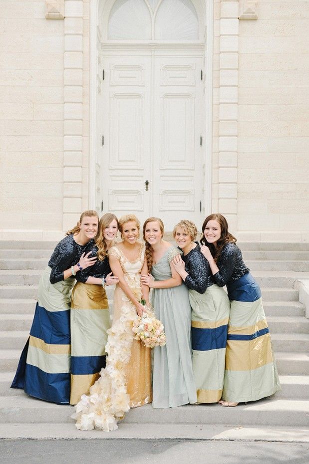 Maxi color block bridesmaid dresses and a grey maxi dress for the maid of honor