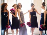 straples knee navy bridesmaid dresses and a grey strapless maxi dress for the maid of honor