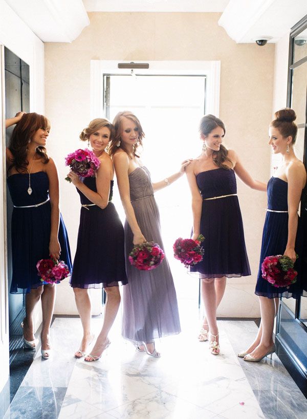 Straples knee navy bridesmaid dresses and a grey strapless maxi dress for the maid of honor