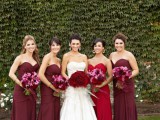 matching strapless burgundy maxi dresses for the gals and a hot red one for the maid of honor
