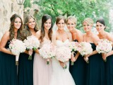 matching strapless black maxi gowns for the girls and a matching blush one for the maid of honor