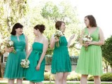 mismatching bright green knee A-line dresses for the bridesmaid and a lighter green gown for the maid of honor