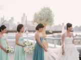 matching mint maxi bridesmaid dresses and a blue one of the same design but a different color