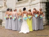 matching strapless grey maxi dresses and a bright yellow one for the maid of honor