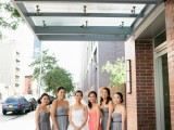strapless short grey dresses for the bridesmaids and a coral pink maxi one for the maid of honor