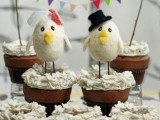 little faux bird cake toppers with a colorful bunting are amazing for a relaxed and laid-back fun wedding