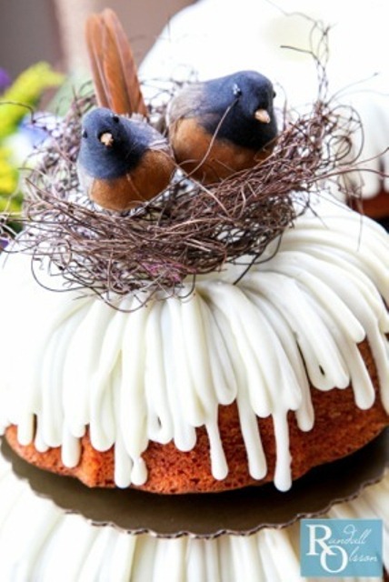 a bundt wedding cake with drip and faux bird cake topper in a nest, with feathers to remind of creating a couple's own nest and showing that they are birds of feather