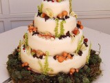a cute woodland wedding cake in white, with sugar foliage, mushrooms and nuts placed on a moss pillow