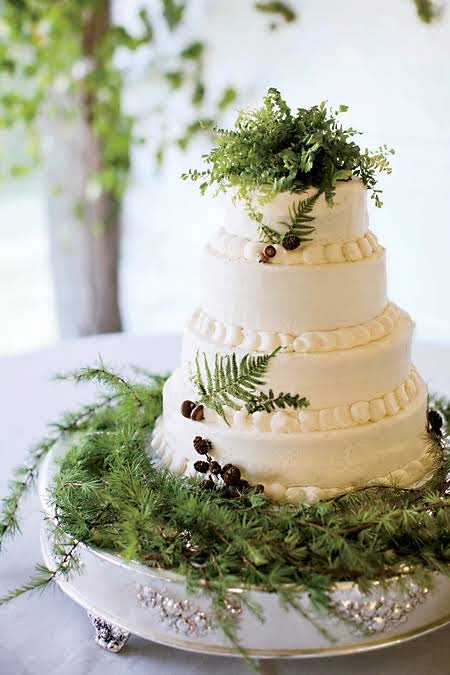 a chic white wedding cake topped with pinecones and ferns, on a elegant stand covered with evergreens
