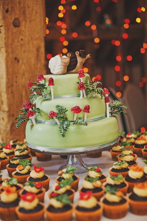 a fun woodland wedding cake in green, with sugar foliage and mushrooms plus funny snail toppers