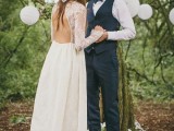 a boho lace wedding gown with a cutout back, long sleeves and a full skirt plus a floral skirt