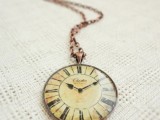 a vintage clock on a copper chain is a cool wedding favor idea or it can be worn by bridesmaids or groomsmen as accessories