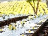 a stylish and bright vineyard wedding reception with neutral linens, greenery, yellow and white blooms, white porcelain and lemons marking each place setting