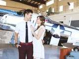 Vintage Inspired Engagement Session At An Airplane Hangar