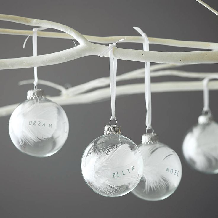 Sheer ornaments filled with white feathers and with marks hanging on your Christmas tree will give the wedding a holiday feel