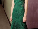 an apple green lace fitting dress with short sleeves and neutral shoes with ankle straps
