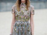 a grey floral embroidery and embellished mini dress with short sleeves and a collar