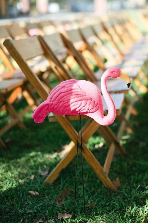 line up your wedding aisle with pink flamingos to make the weddign ceremony space more fun and playful
