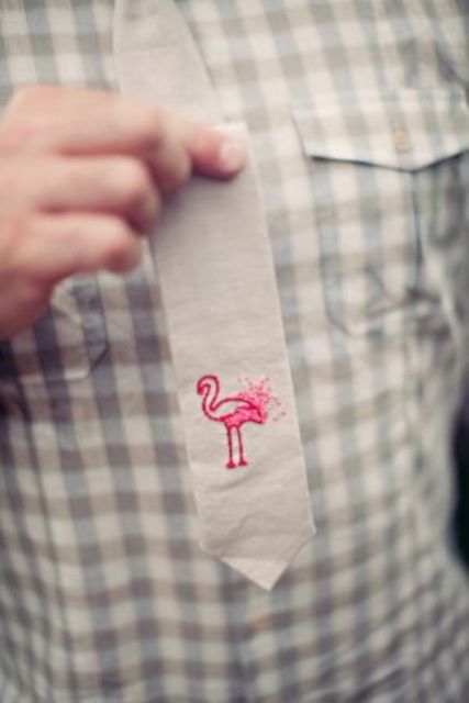 a fun flamingo embroidered tie is a lovely idea for a groom or a groomsman, it will add a cool touch to the outfit