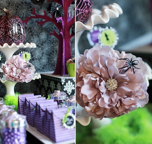 a black, purple and green Halloween sweets table is a great idea for any kind of Halloween party, a bridal shower, a wedding